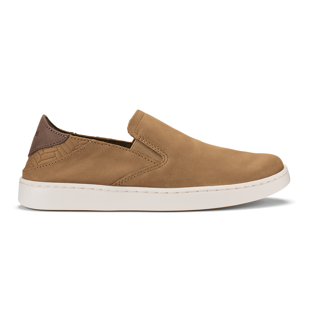 Tan leather slip-on shoe with white sole and brown heel detail.