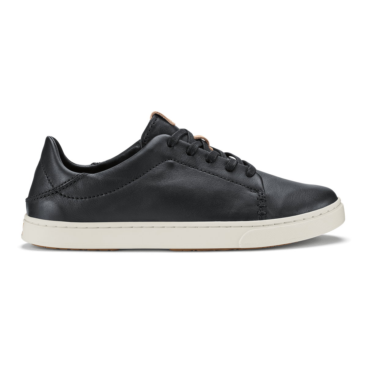 Black leather lace-up sneaker with cream rubber sole, shown in profile view.