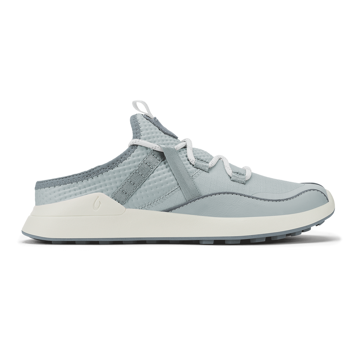 Cloud grey and cream slip-on athletic shoe with textured upper and cushioned sole, shown from the side.