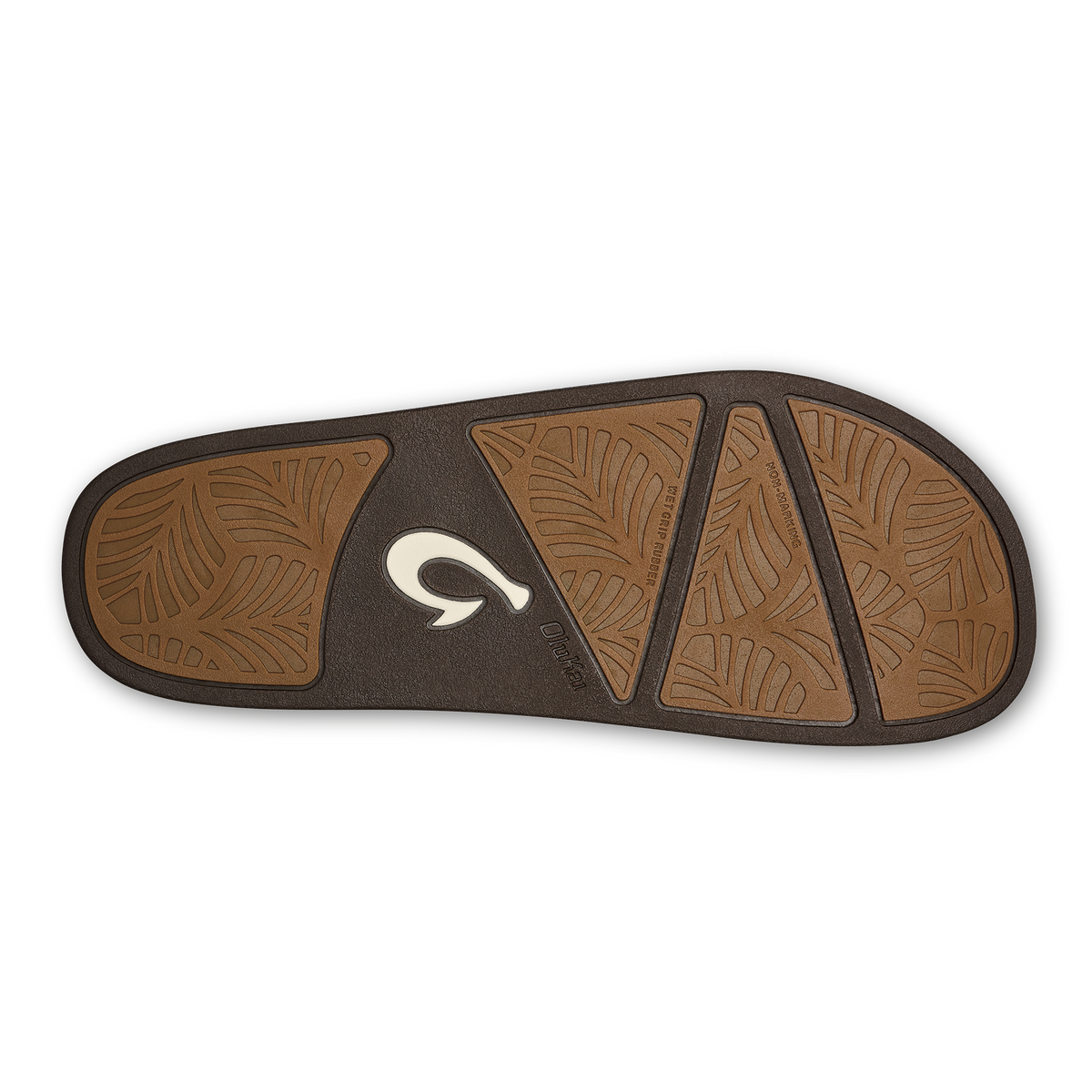 Tan and dark brown shoe sole with leaf-pattern panels and white logo.