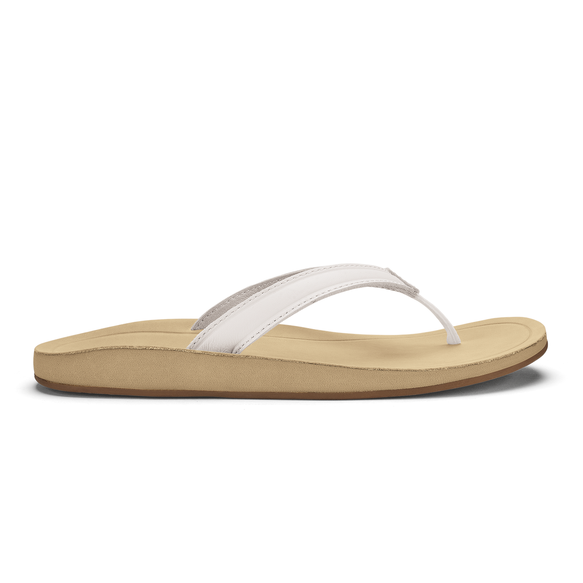 Flip-flop sandal with white toe strap and warm sand-colored sole and footbed.