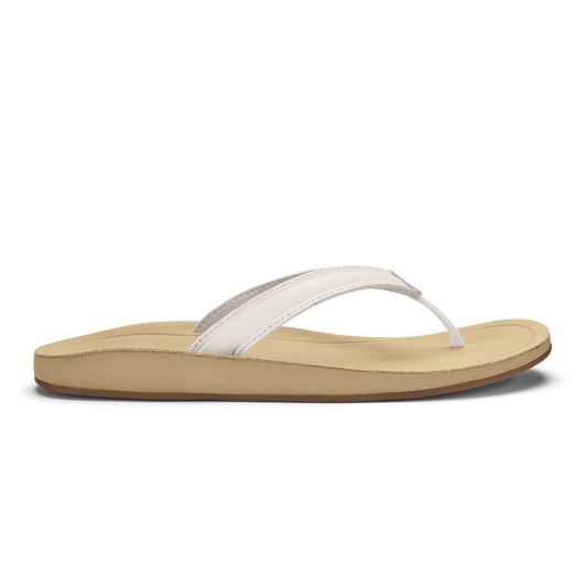 Flip-flop sandal with white toe strap and warm sand-colored sole and footbed.