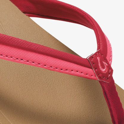 Hot pink and burgundy fabric straps with stitched seams on neutral background, showing handle detail.