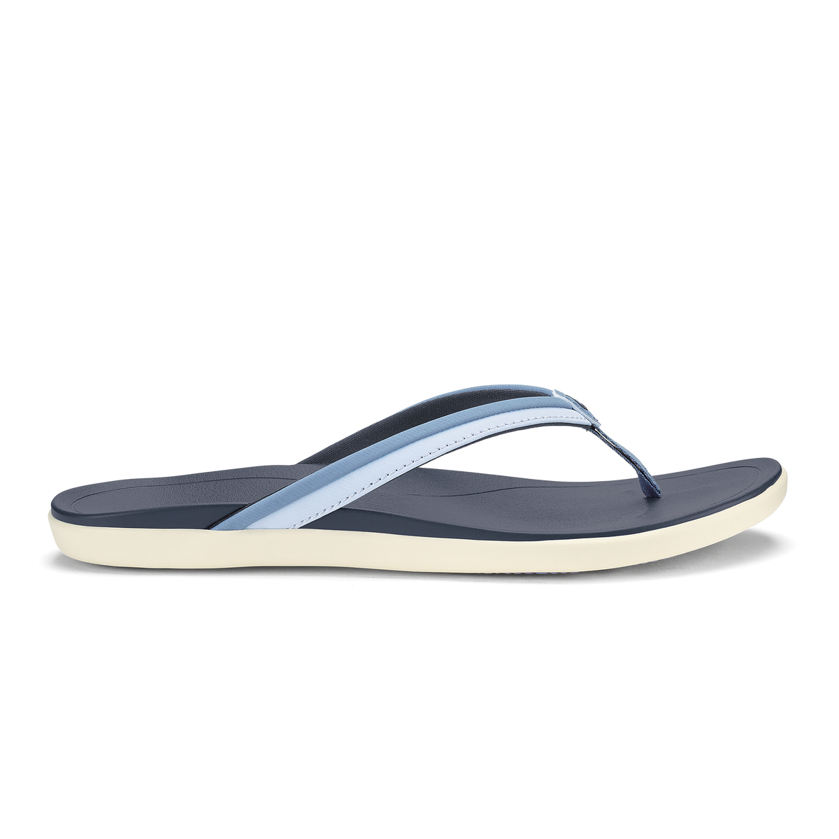 Navy flip-flop with light blue toe strap and cream-colored sole, shown in profile against white background.