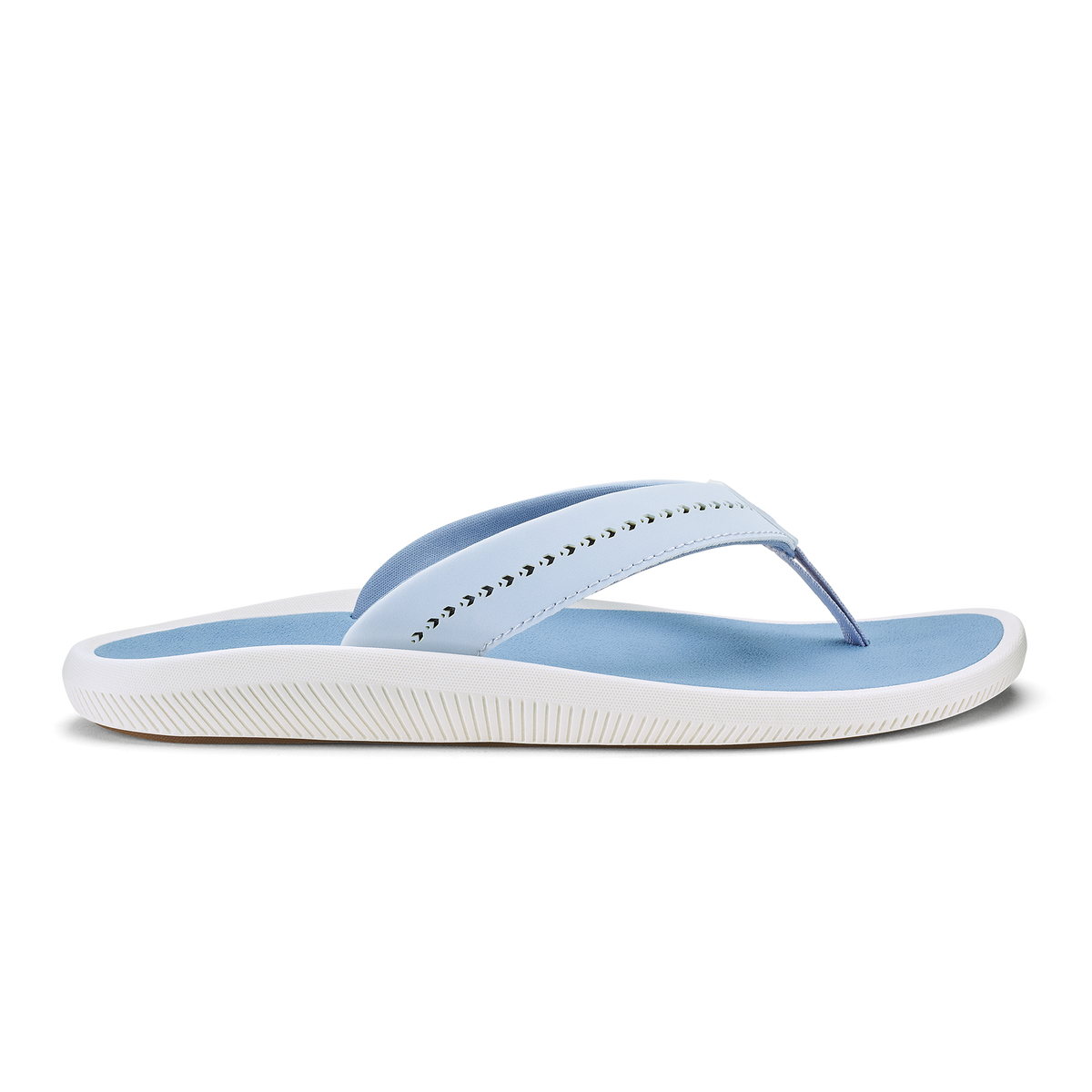 Blue and white flip-flop sandal with studded strap and textured white sole.