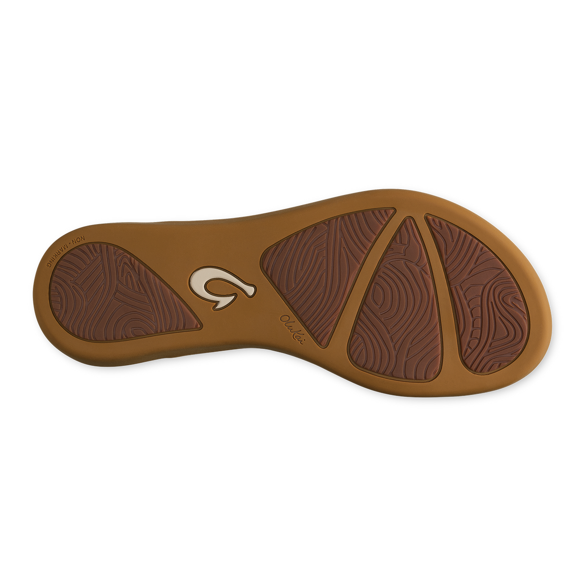 Toffee-colored sandal sole with curved design, textured grip pattern, and brand logo.