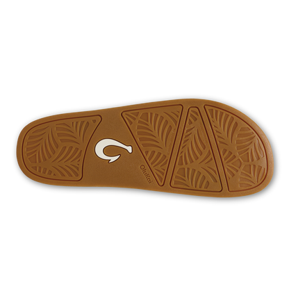 Tan sole with crosshatch and linear geometric patterns, white logo symbol in center.