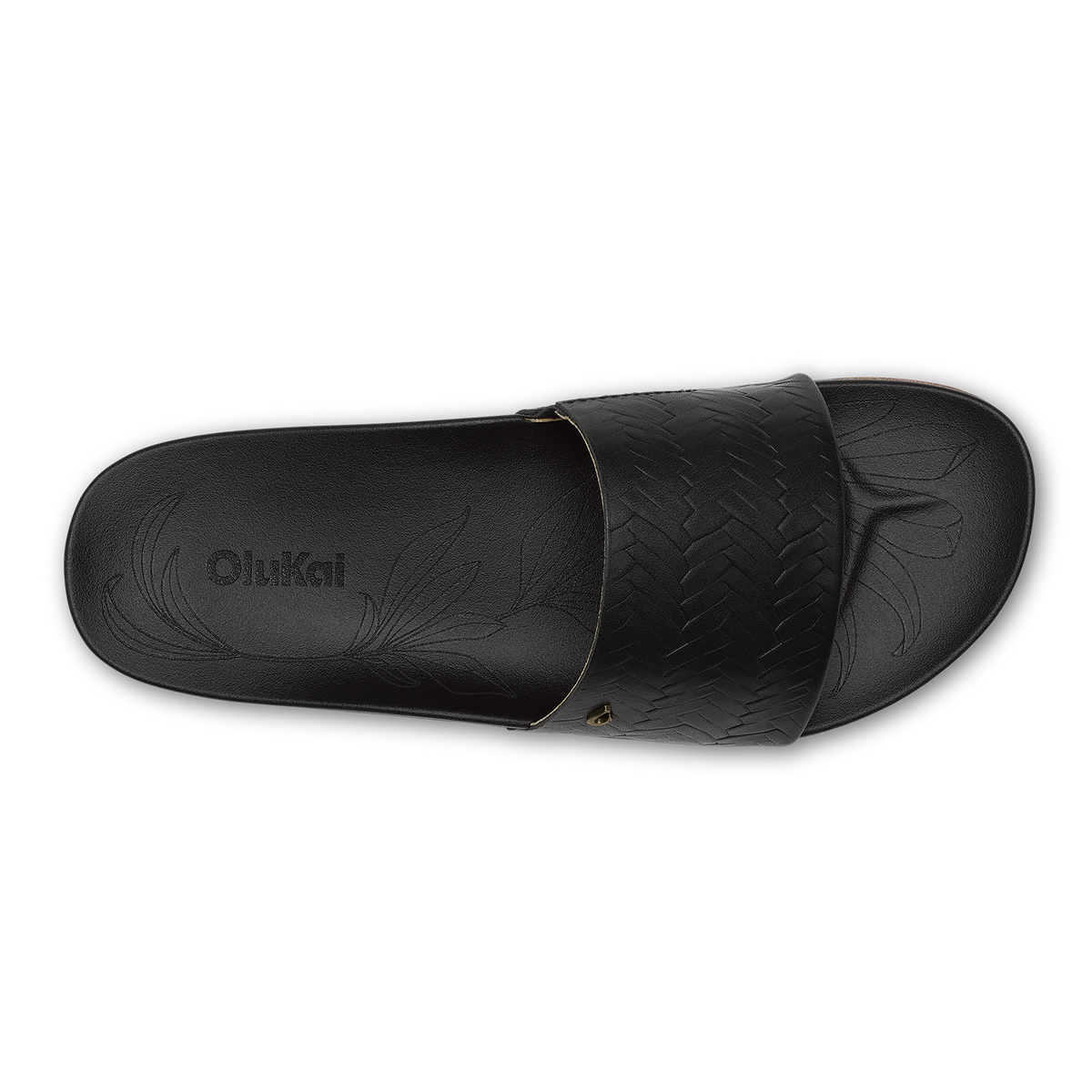 Black slide sandal with woven texture strap and embossed floral design on footbed, viewed from above.