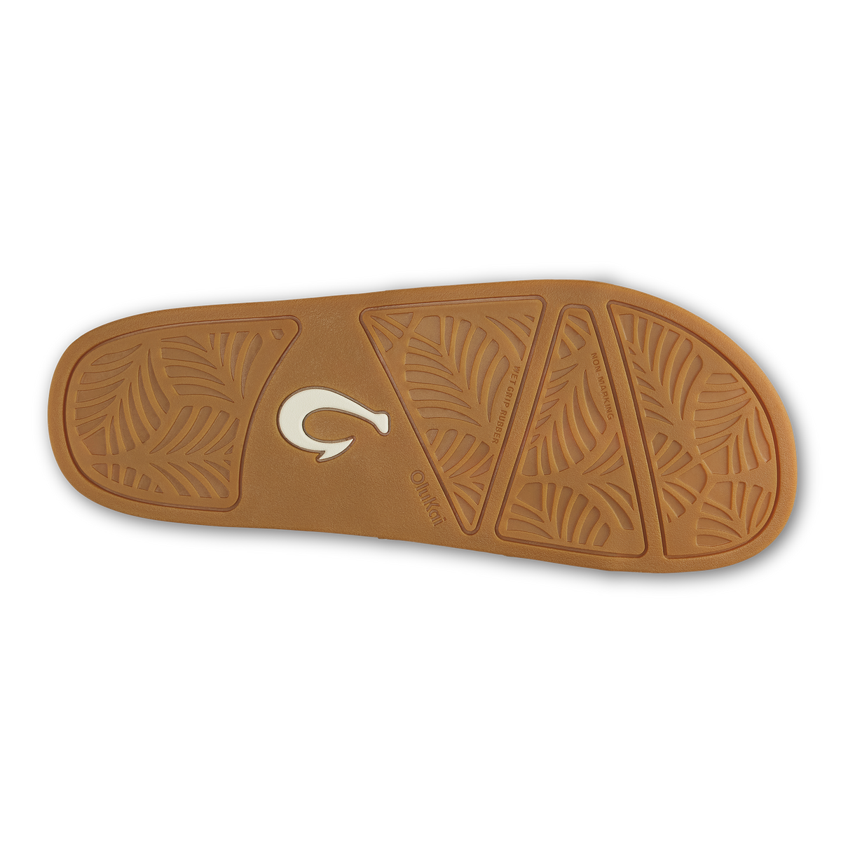 Tan rubber sole with geometric leaf pattern and white logo detail on center.