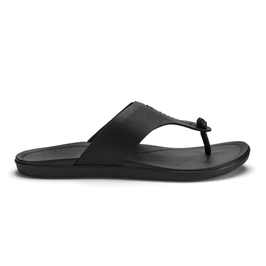 Black thong sandal with padded upper strap and cushioned footbed against white background.