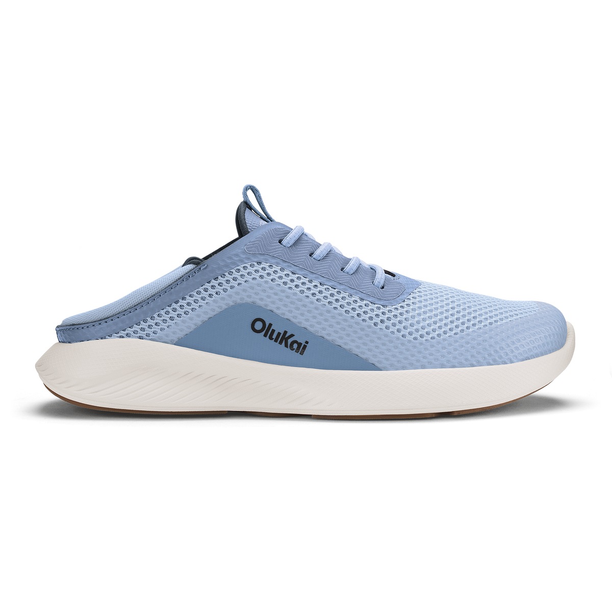 Light blue mesh Olukai athletic shoe with white sole and dark blue heel panel.