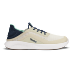 Olukai Kialoa running shoe in cream with white sole, navy heel counter, and dark blue laces.