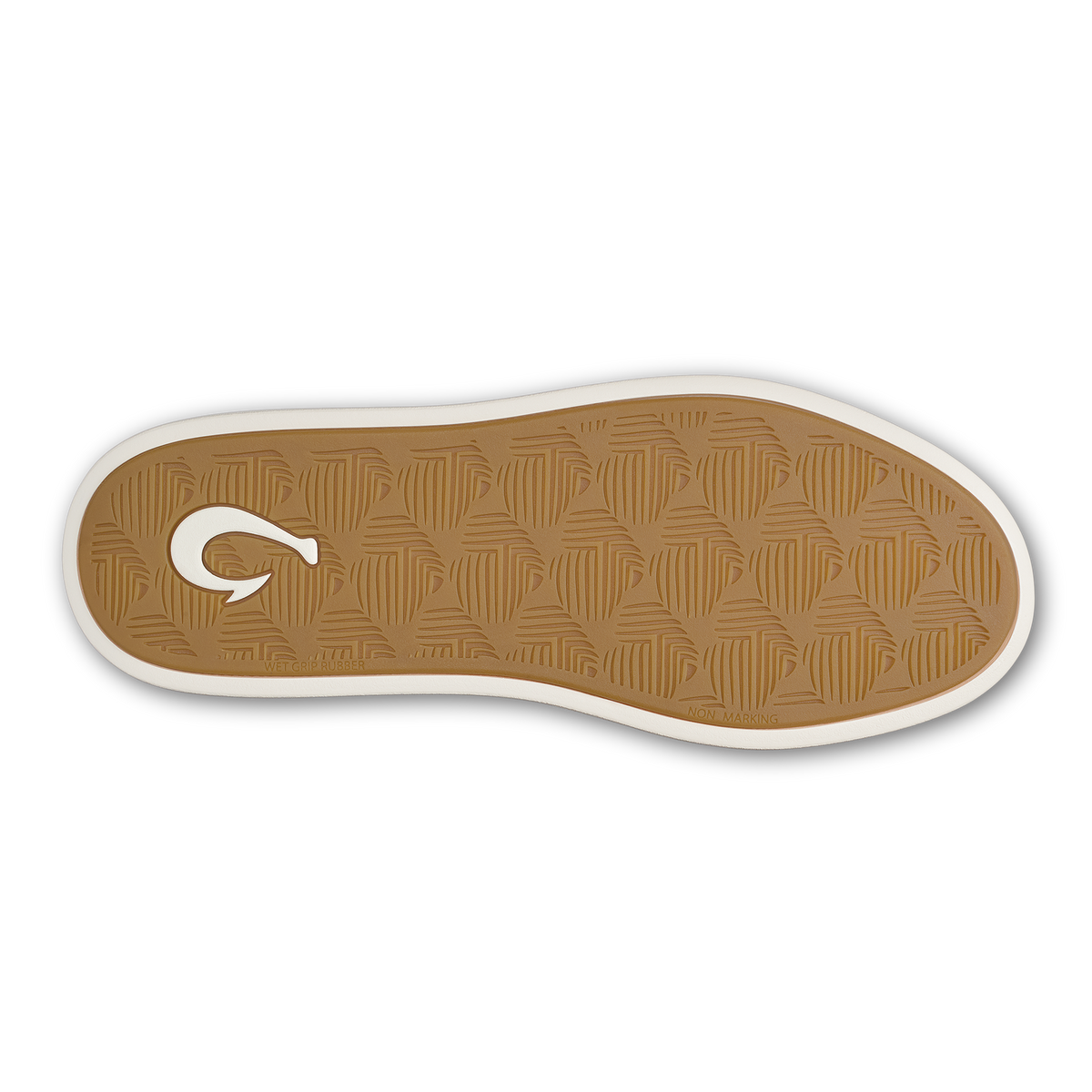 Tan shoe sole with white trim and textured geometric pattern, featuring a white logo on the left side.