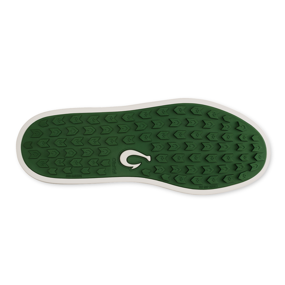 Shoe sole with white edge trim, green tread pattern with chevron design, and white brand logo in center.
