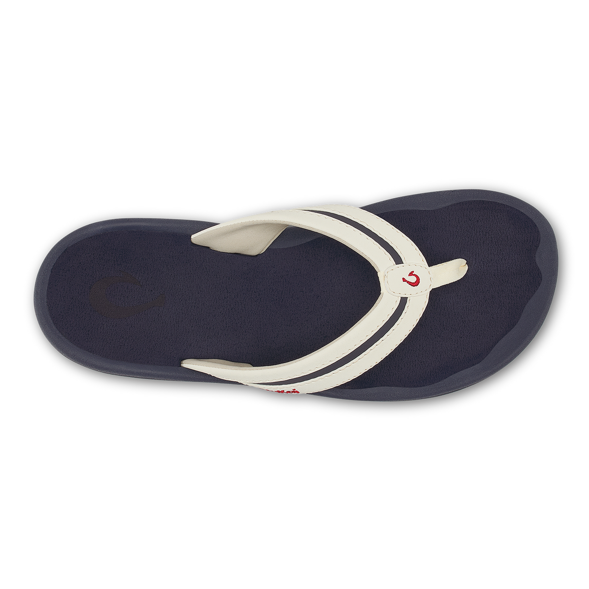 Navy and white thong sandal with curved footbed and logo detail on strap.