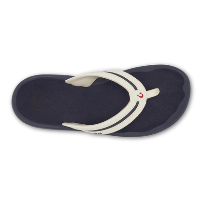 Navy and white thong sandal with curved footbed and logo detail on strap.