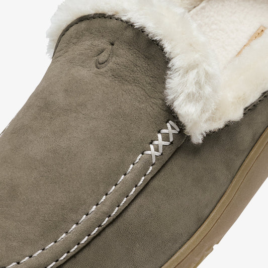 Walnut suede slipper with white fur lining and white cross-stitch detailing along the sole.