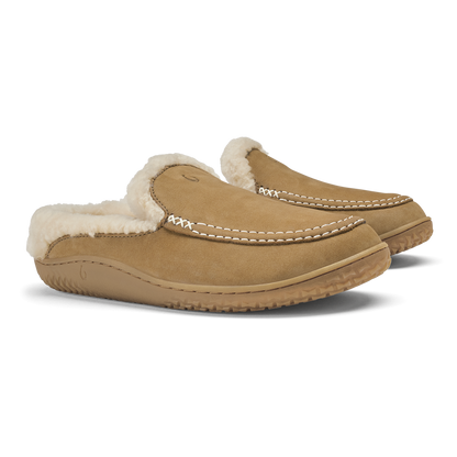 Tan suede loafer slippers with cream fleece lining and white stitching detail.