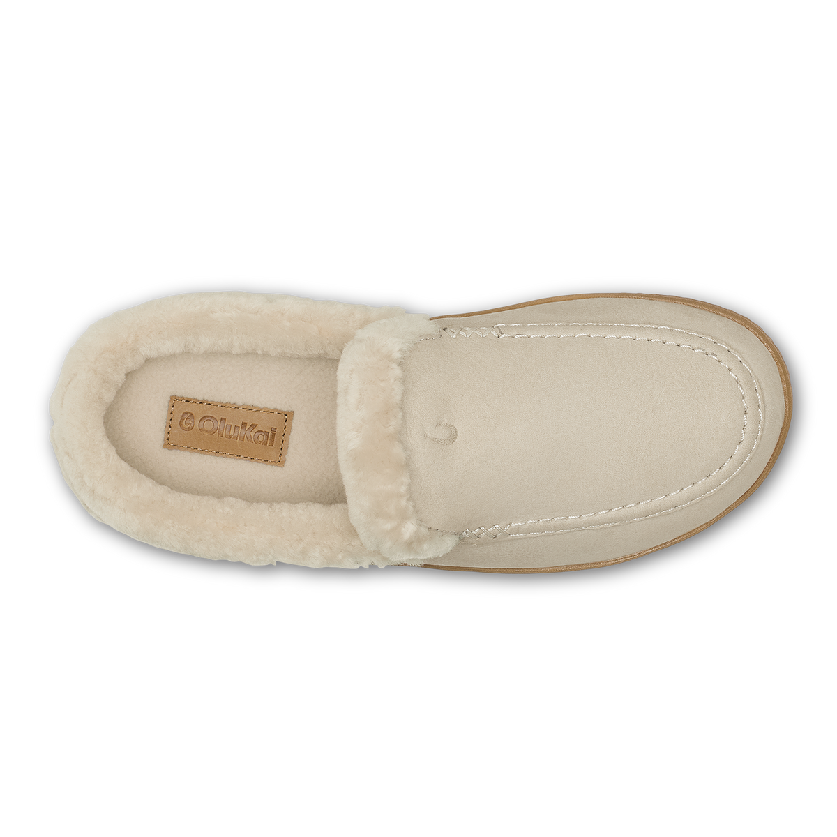 Ecru suede loafer slipper with cream fleece lining and tan sole, shown from above.