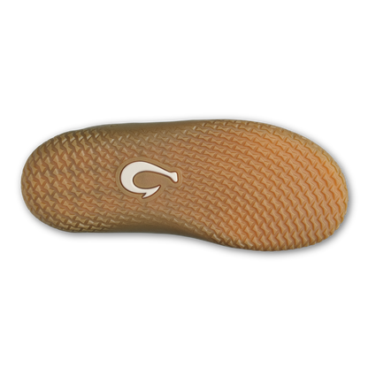 Walnut-colored shoe sole with textured tread pattern and white curved logo detail.