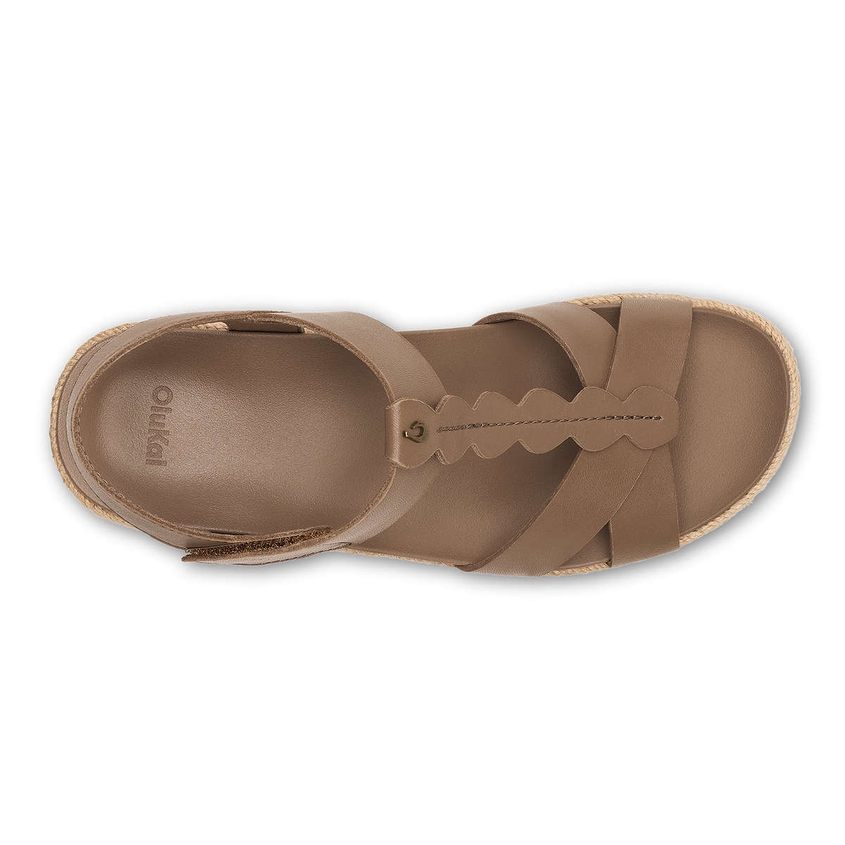 Tan leather sandal with woven strap detail and rope-wrapped sole, shown from above.