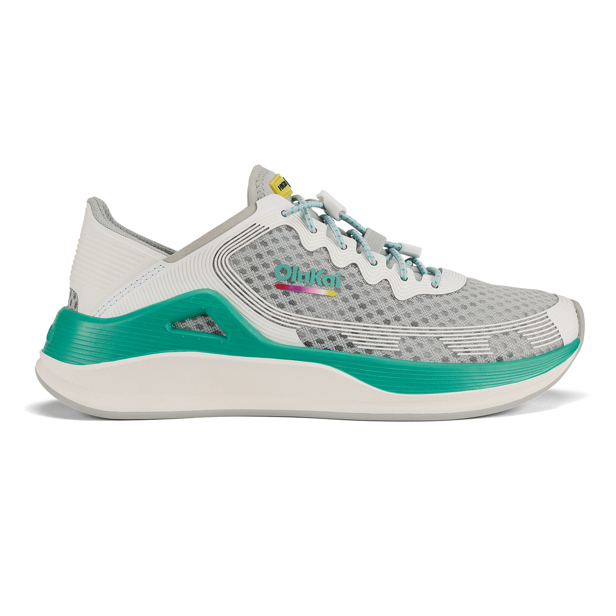 Cloud grey and bright white running shoe with green midsole and teal laces, shown from the side.