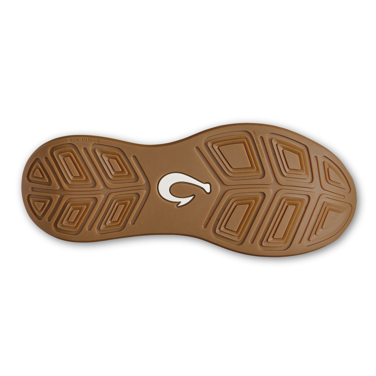 Brown shoe sole with geometric tread pattern and white logo in center.