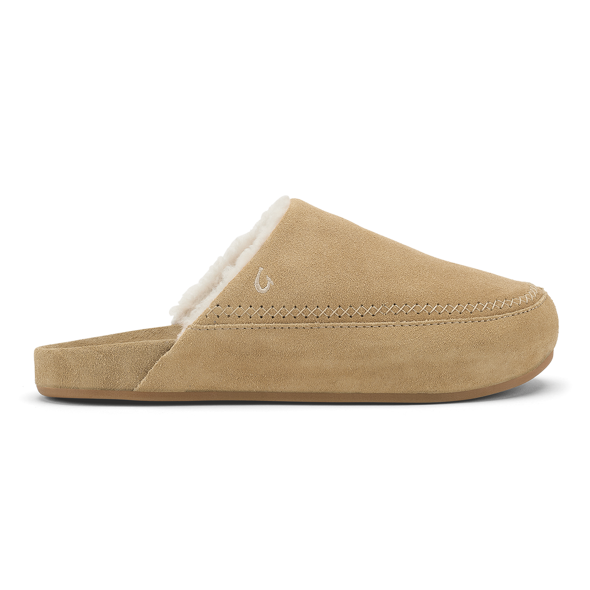 Tan suede slipper with white fleece lining and stitched seam detail along the sole.
