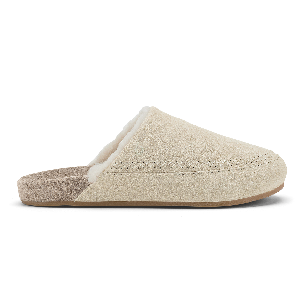 Ecru and taupe grey suede slipper with fleece lining and decorative stitching detail.