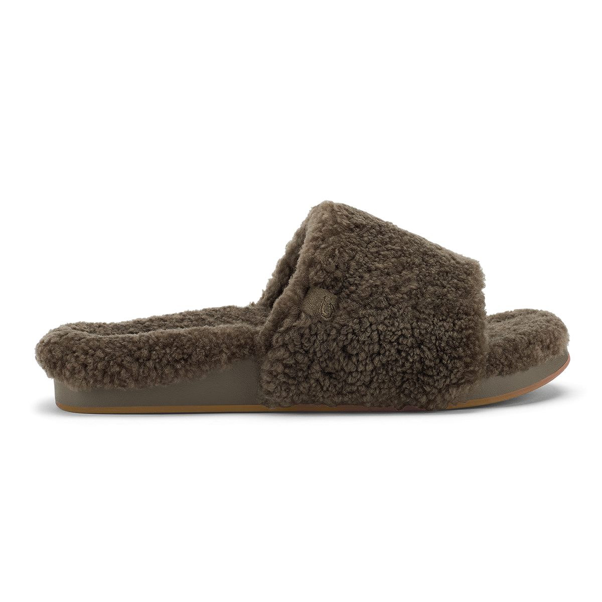 Walnut fuzzy slide slipper with twisted knot detail and tan sole, shown in profile view.