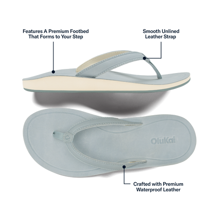 Blue-grey thong sandal with contoured footbed and smooth leather strap, shown from side and sole views.